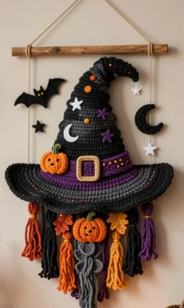 Cute Halloween crochet projects including ghosts, pumpkins, and decorations
