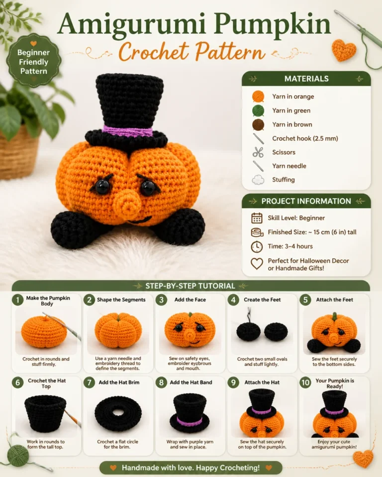 Crocheted adorable pumpkin amigurumi showcased in a cozy fall setting.