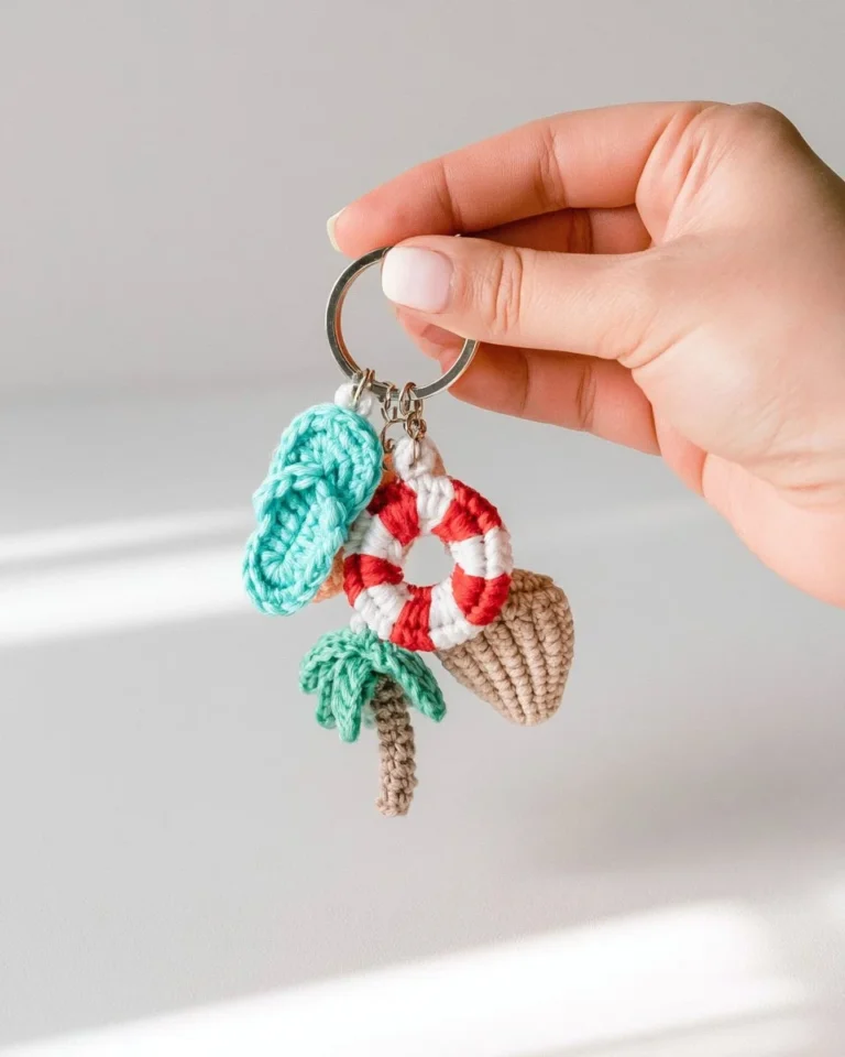 Colorful beach day crochet keychain set designed for summer fun