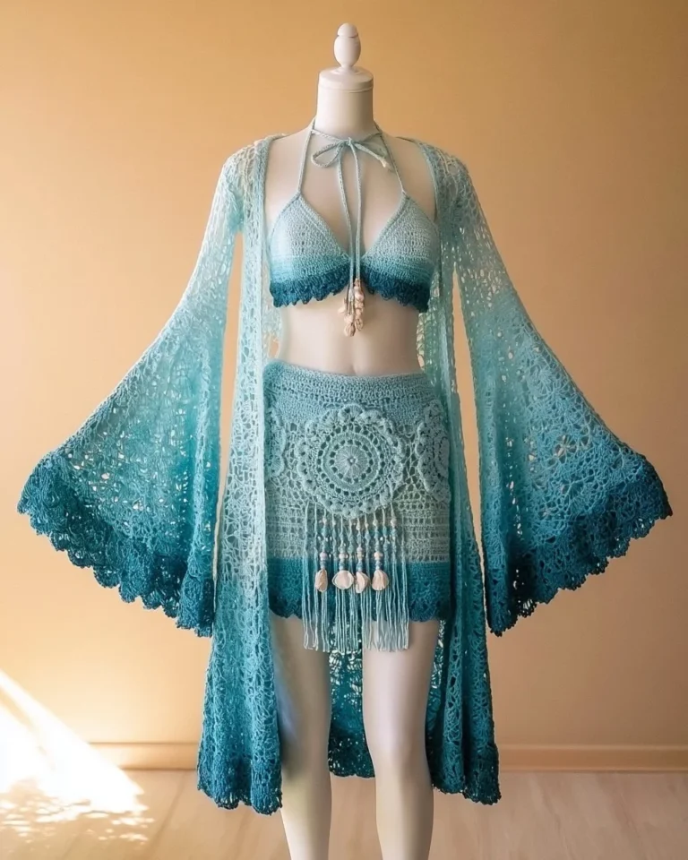 Beautiful crochet set featuring a skirt, crop top, and cardigan design