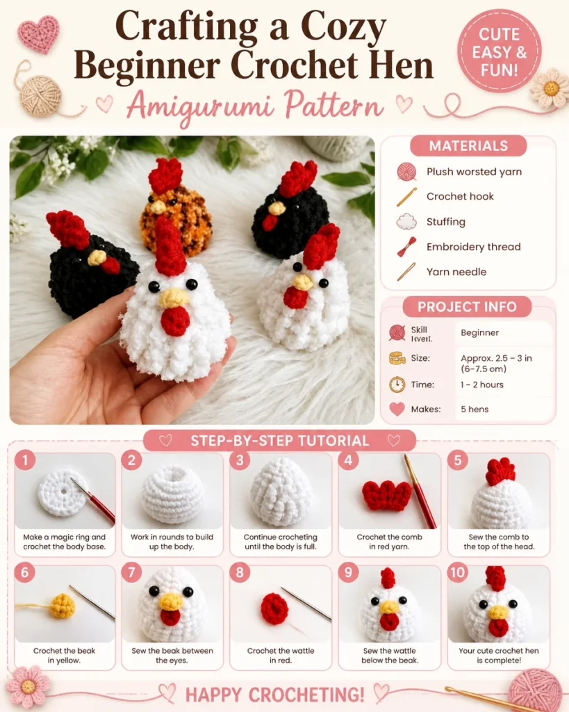 Cute crochet hen amigurumi pattern for beginners