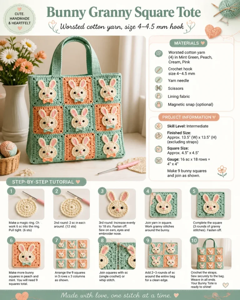 Crochet bunny tote bag made with granny squares