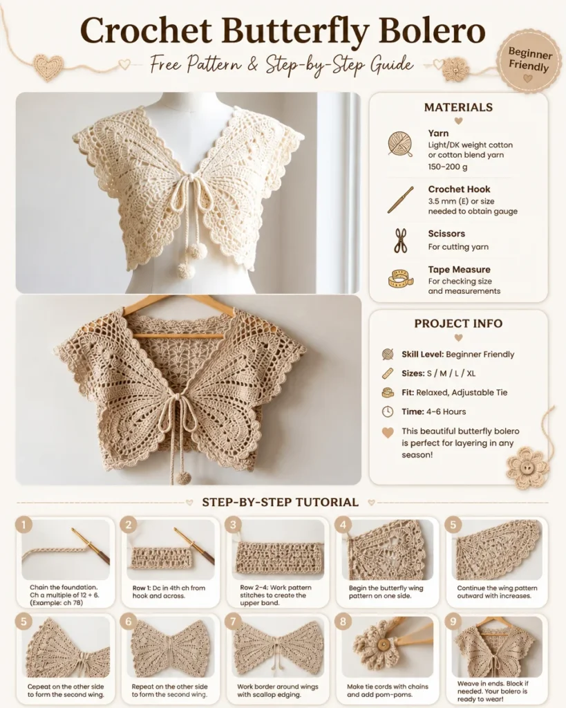 Butterfly crochet bolero pattern for women showcasing intricate design.