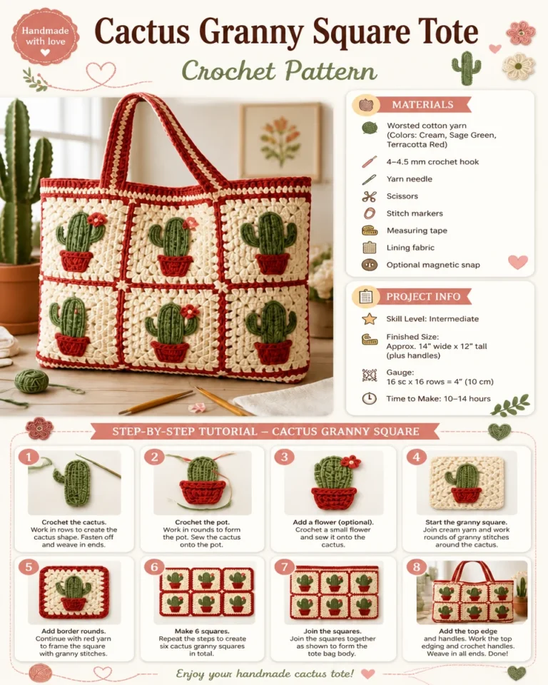 Cactus-inspired granny square tote bag crochet pattern, showcasing vibrant colors.