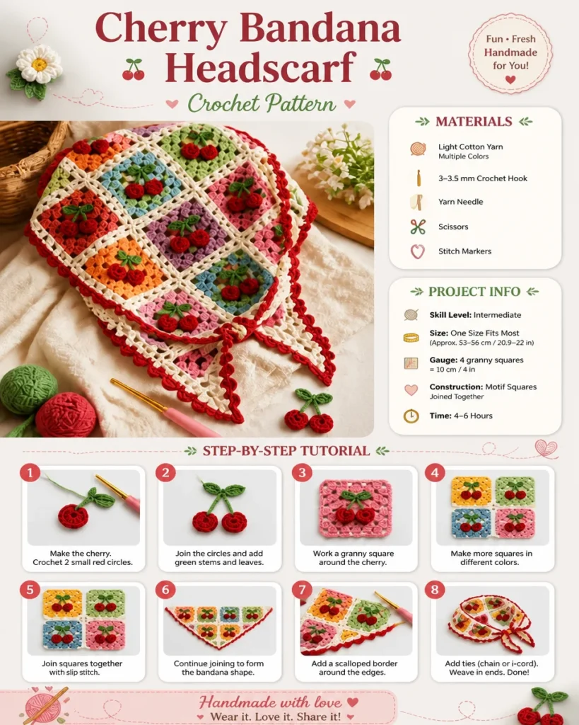 Cherry Bandana Crochet Pattern ideal for headscarf design