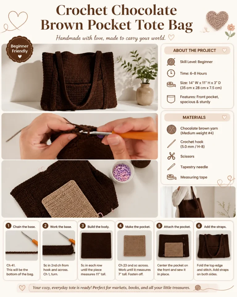 Chocolate brown crochet pocket tote bag, perfect for stylish and practical everyday use