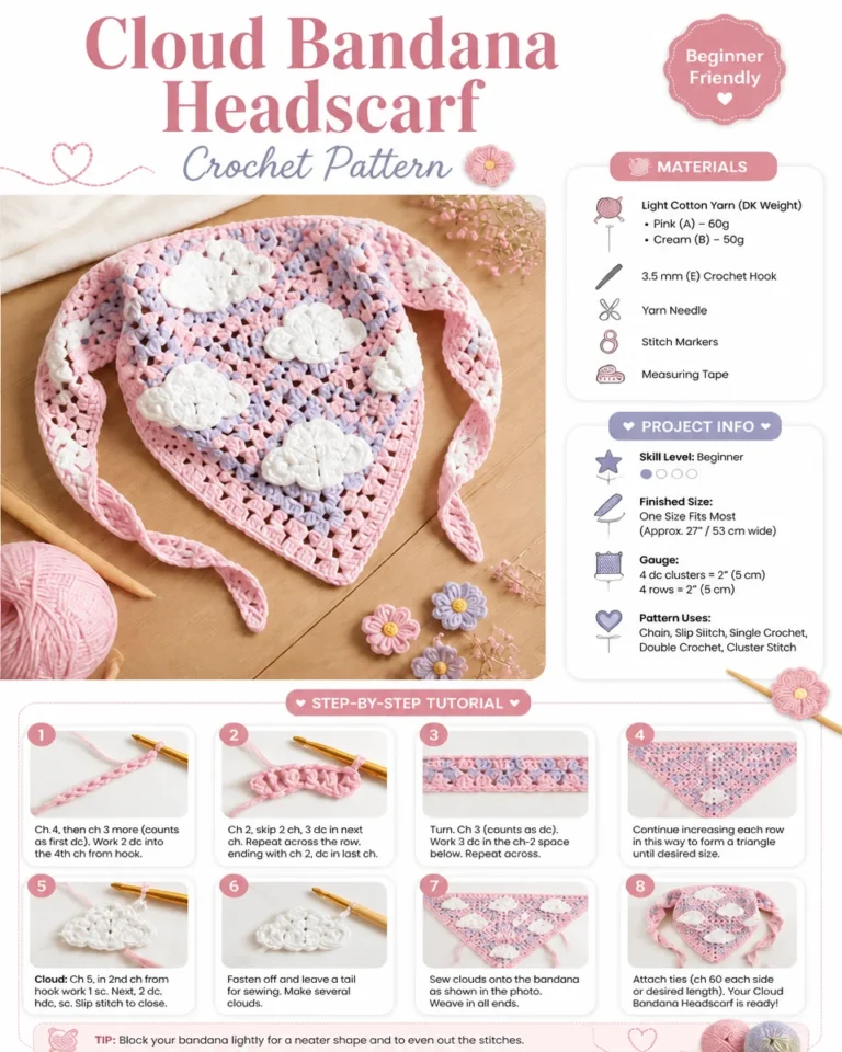Cloud Bandana Crochet Pattern for a trendy headscarf design