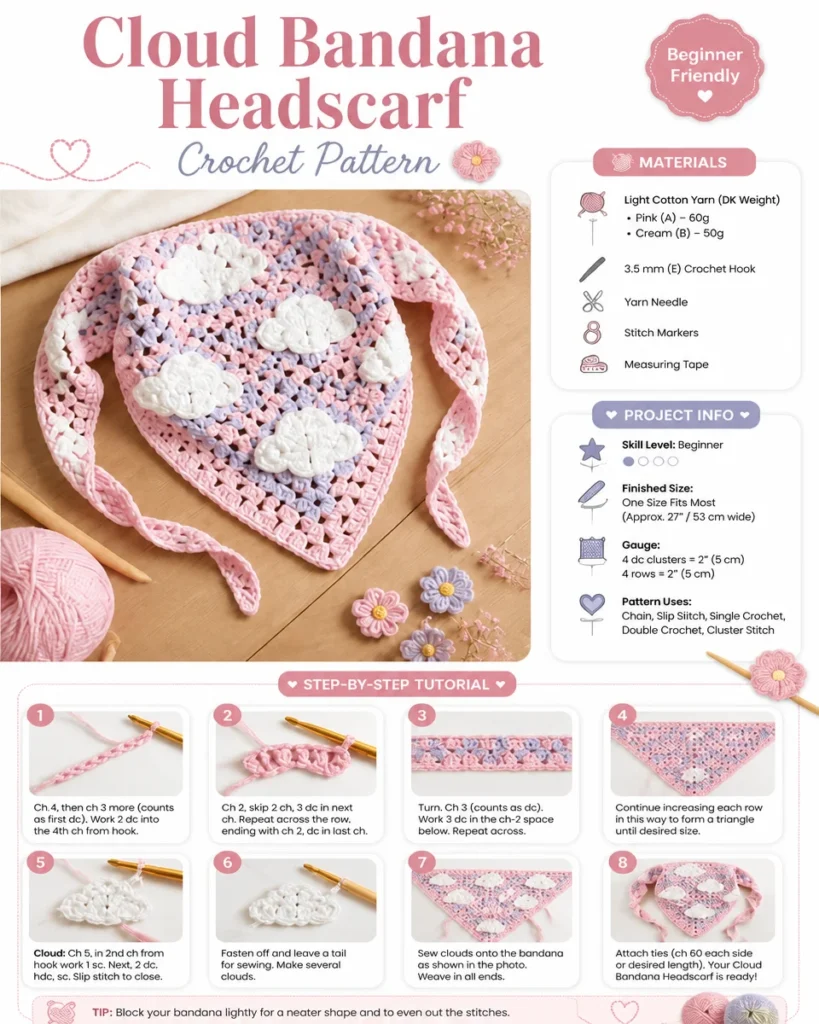 Cloud Bandana Crochet Pattern for a trendy headscarf design