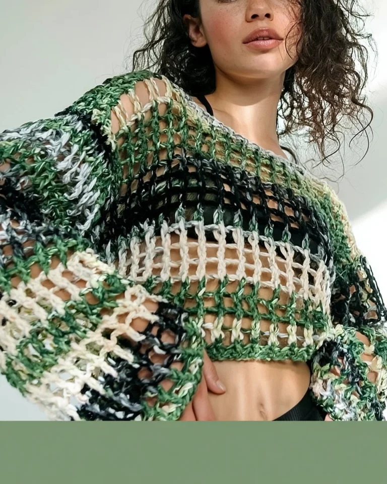 Colorful mesh crochet sweater pattern design showcasing vibrant yarn.