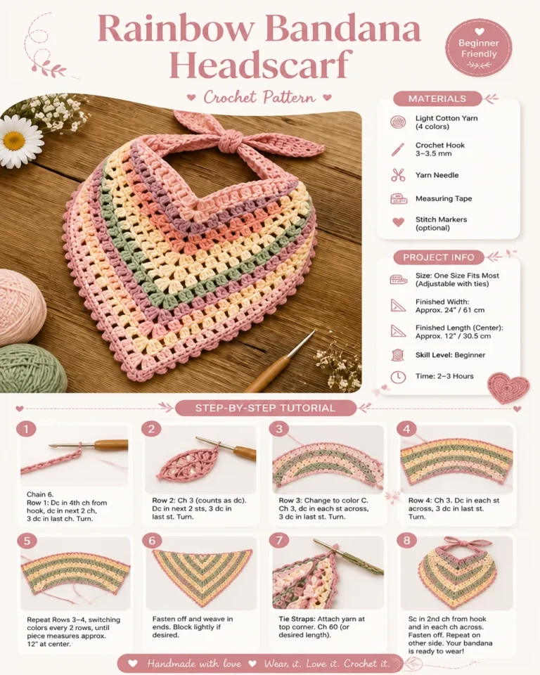 Colorful rainbow crocheted headscarf pattern in bandana style.