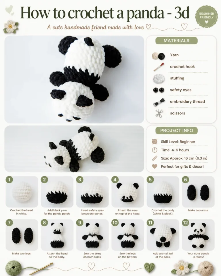 Step-by-step tutorial on crocheting a 3D Panda.