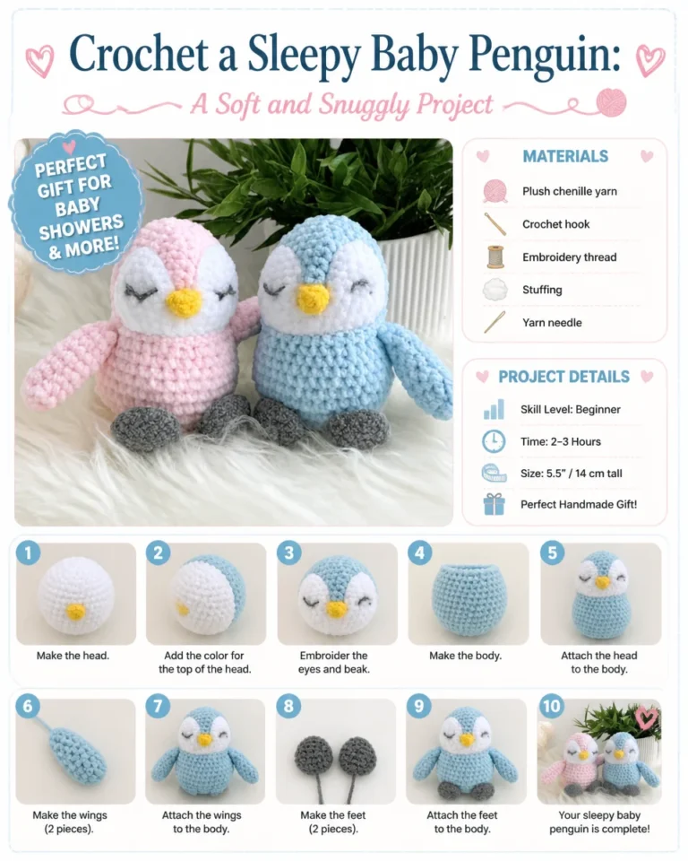 Crocheted soft baby penguin toy pattern for kids