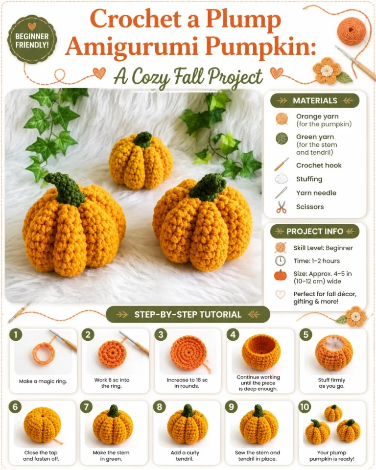 Crocheted plump Amigurumi pumpkin for autumn decor
