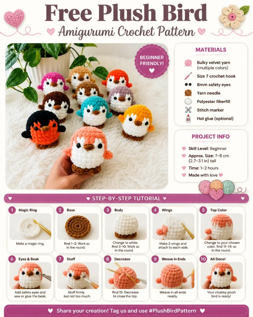 Crochet a colorful plush bird amigurumi with free pattern instructions