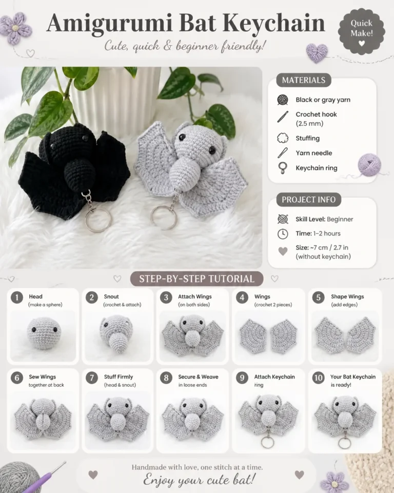 Crochet amigurumi bat keychain pattern example with finished bat keychain.
