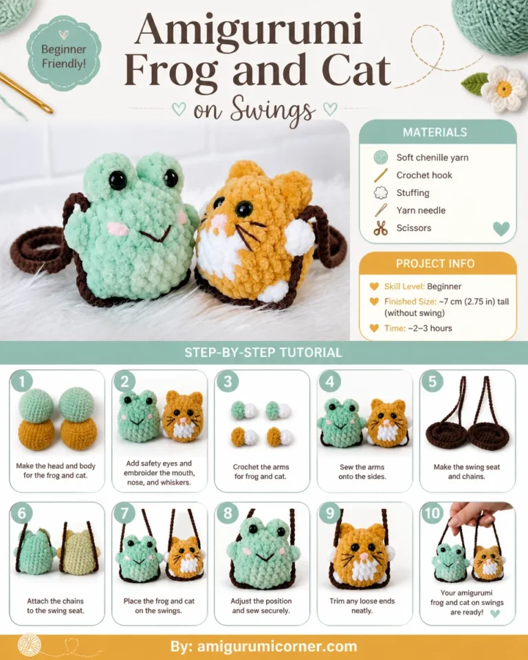 Crochet amigurumi frog and cat enjoying a swing together.