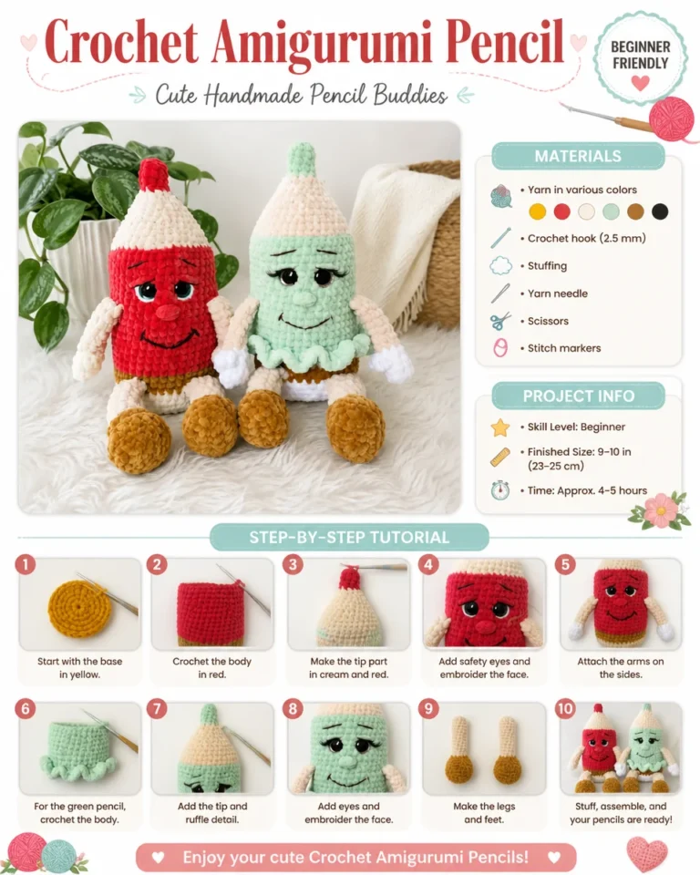 Crochet amigurumi pencil toy tutorial with colorful yarn and crafting tools