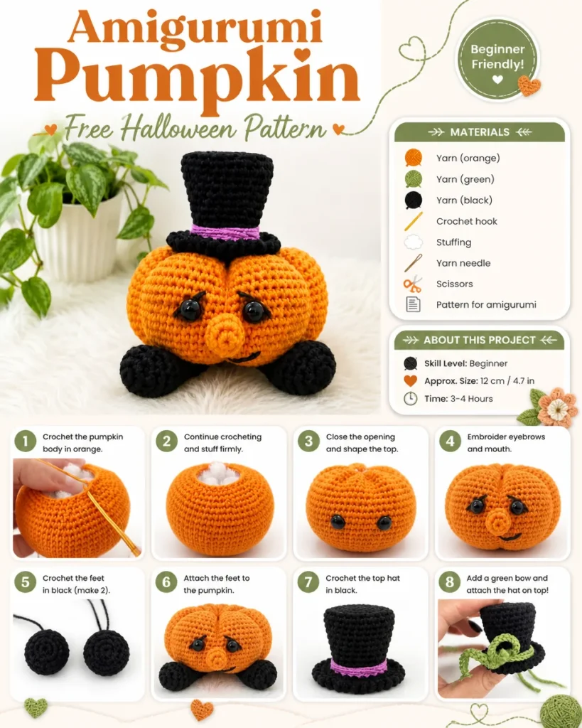 Crochet amigurumi pumpkin pattern for fall decoration