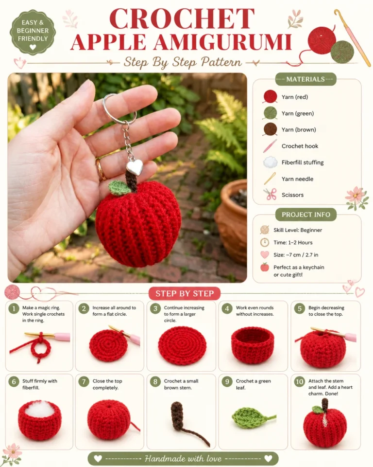 Crochet Apple Amigurumi pattern with a vibrant red apple design