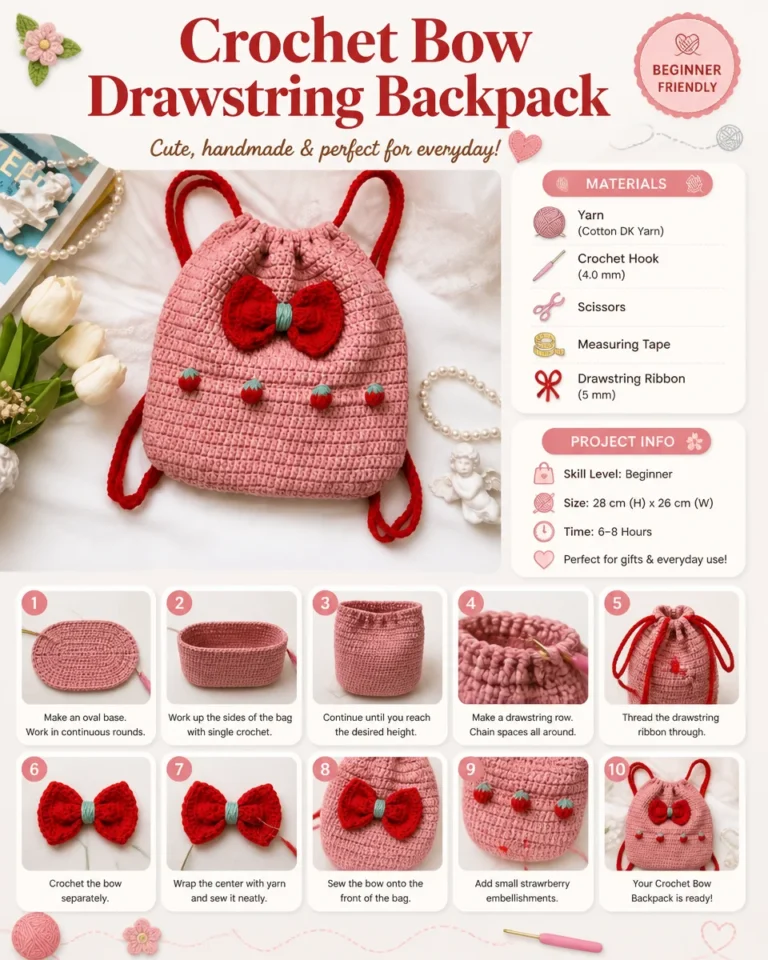 Crochet Bow Drawstring Backpack featuring a stylish design and functional drawstring closure.