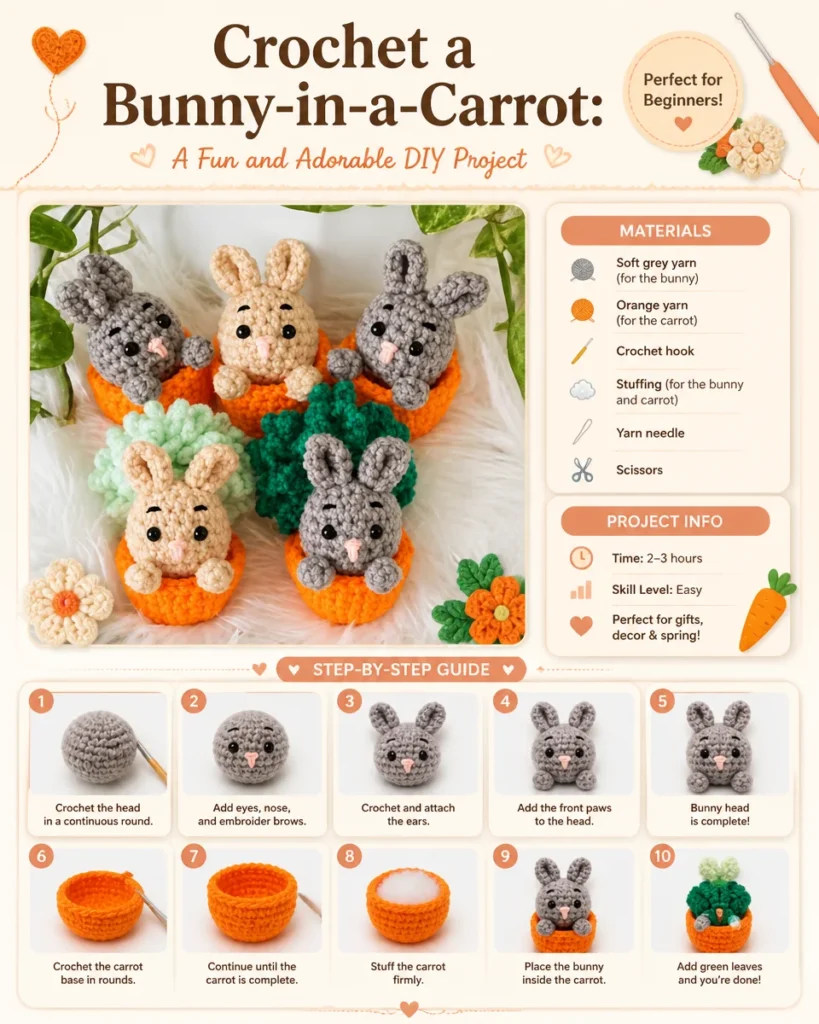 Crochet bunny sitting in an orange carrot, perfect for spring crafts.