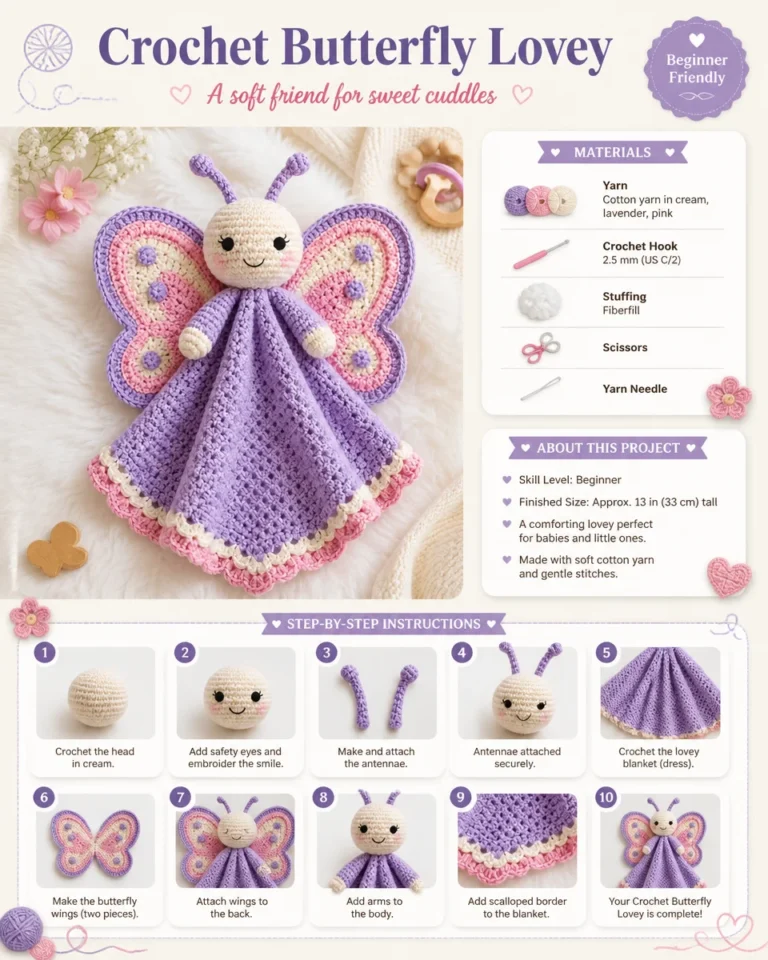 Crochet butterfly lovey pattern showcasing a colorful, soft design.