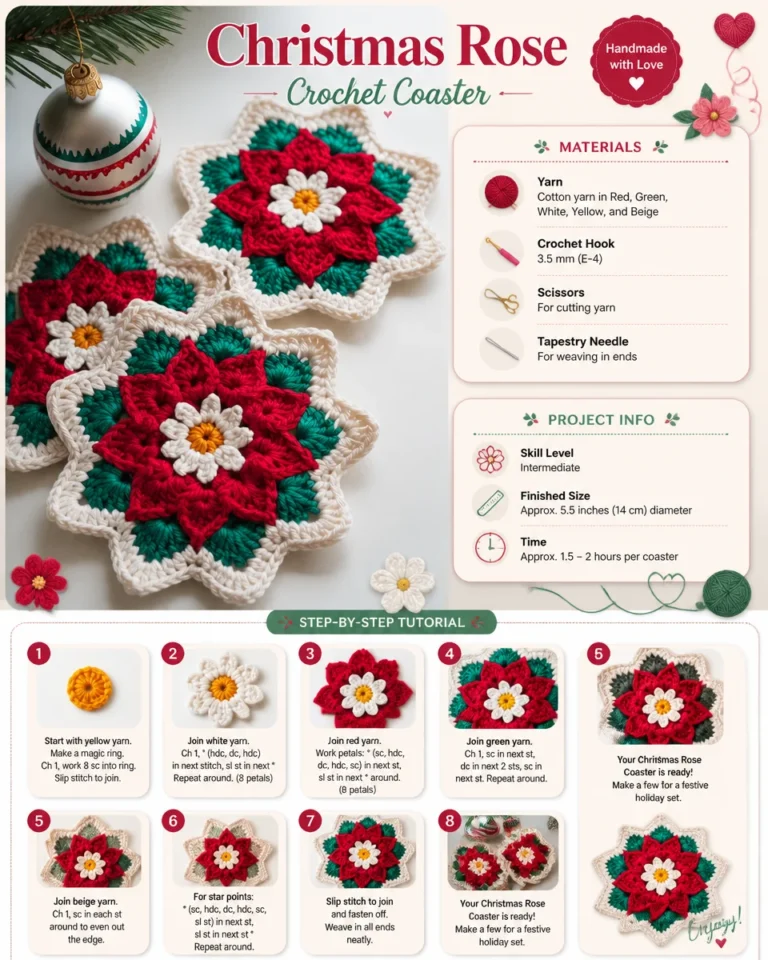 Crochet Christmas Rose Coaster pattern for festive home decor