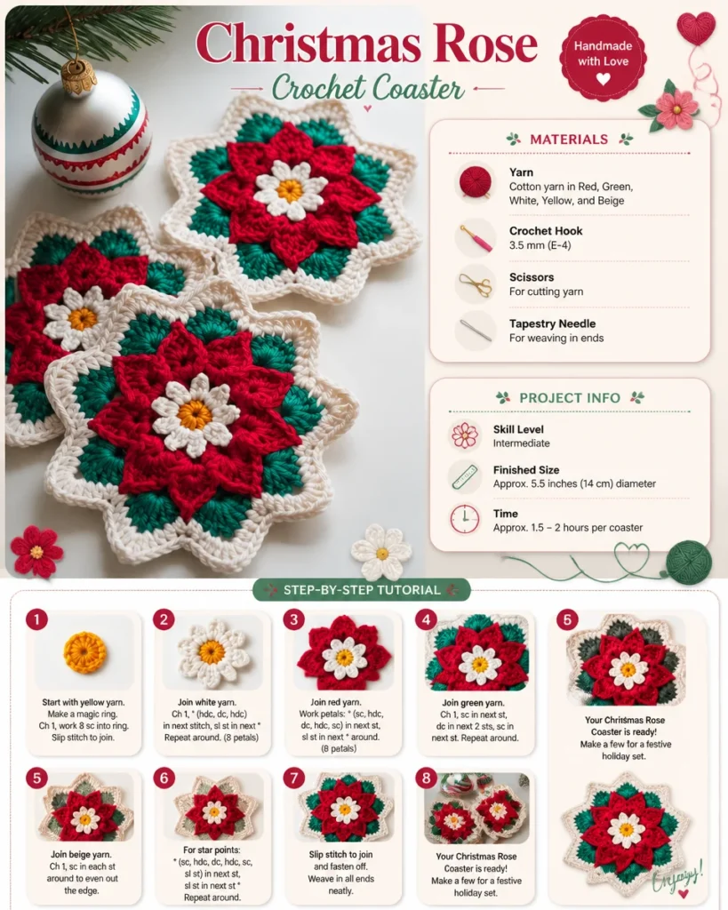 Crochet Christmas Rose Coaster pattern for festive home decor