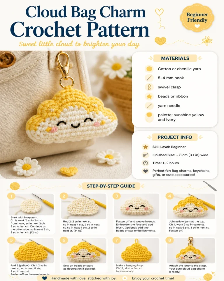 Handmade Crochet Cloud Bag Charm showcasing a stylish design and vibrant colors.