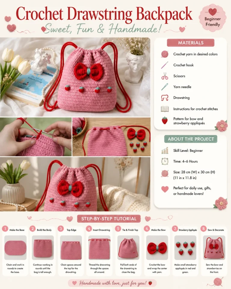 Crochet drawstring backpack pattern showcasing a colorful, handmade bag.