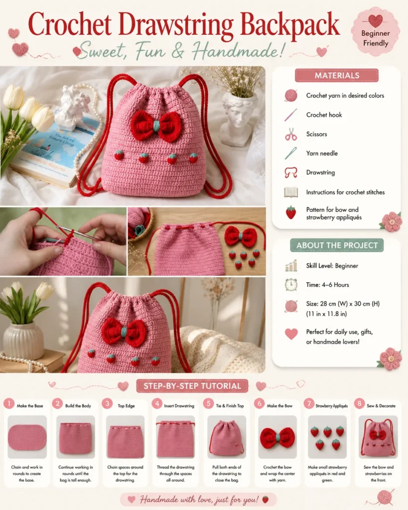 Crochet drawstring backpack pattern showcasing a colorful, handmade bag.