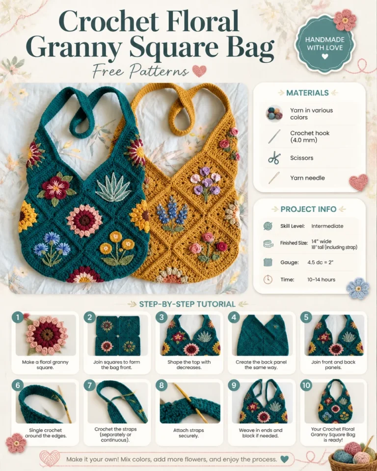 Crochet floral granny square bag patterns for crafting enthusiasts.