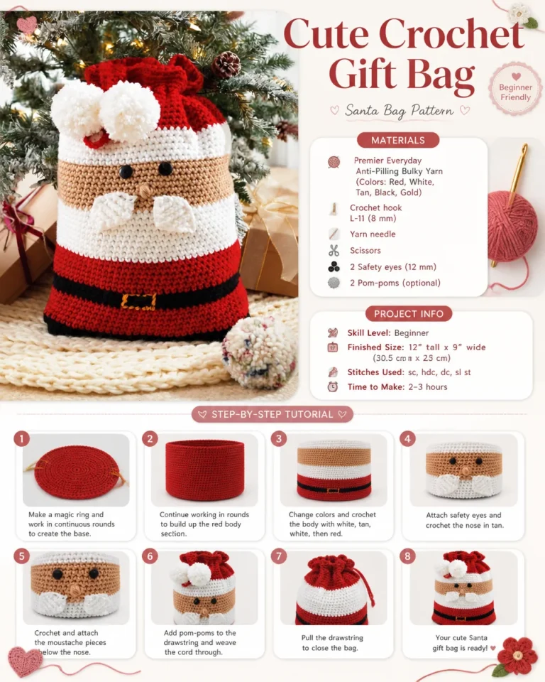 Crochet gift bag tutorial for beginners showcasing completed crochet bag project.