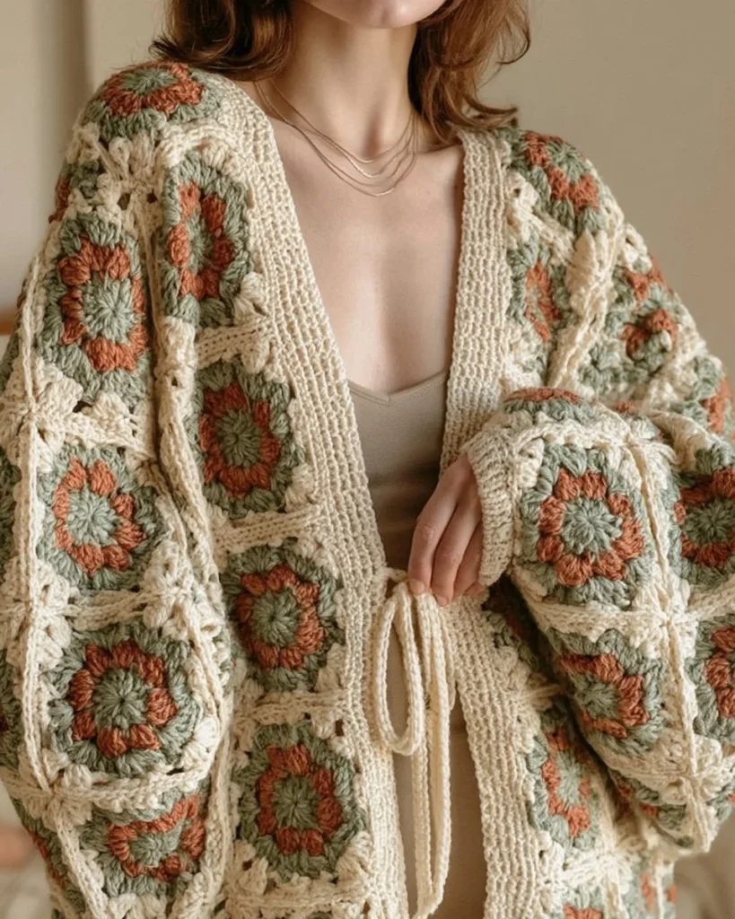 Colorful crochet jacket made with granny square motifs and cardigan patterns