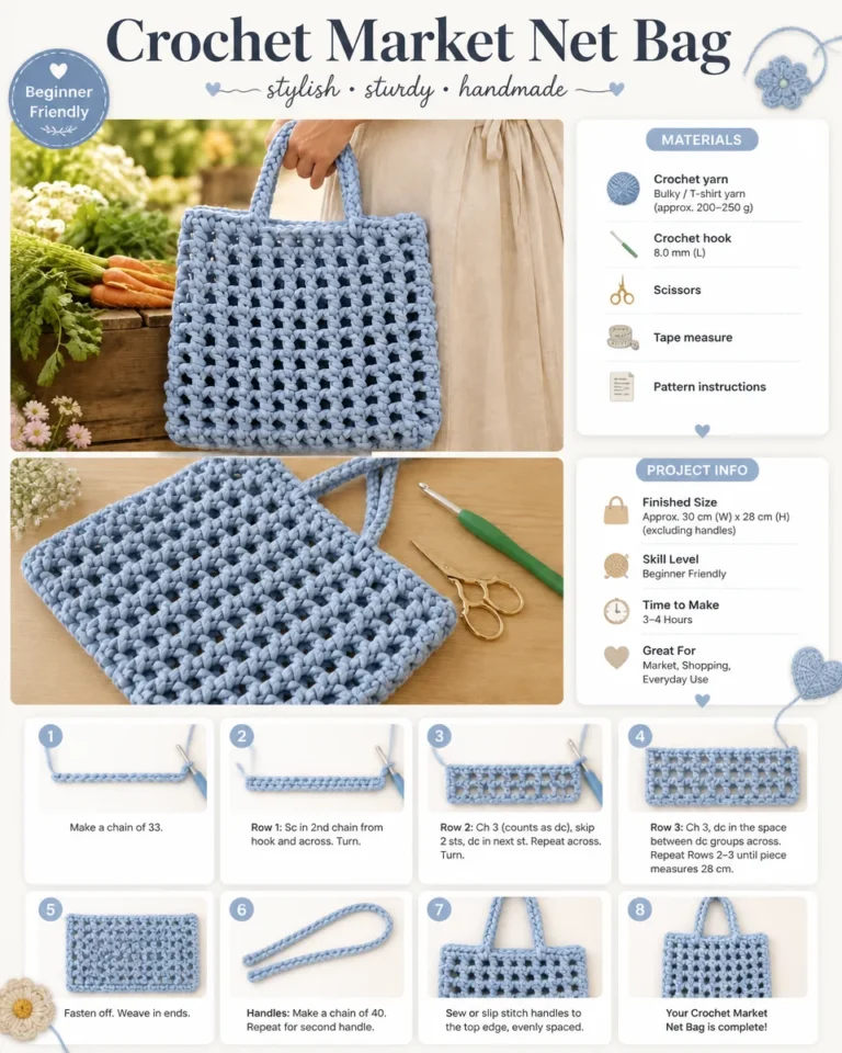 Handmade crochet market net bag pattern for eco-friendly shopping.