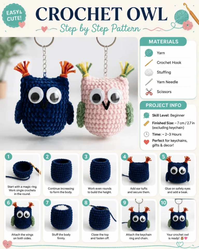 Adorable handmade crochet owl showcasing intricate patterns and colors.