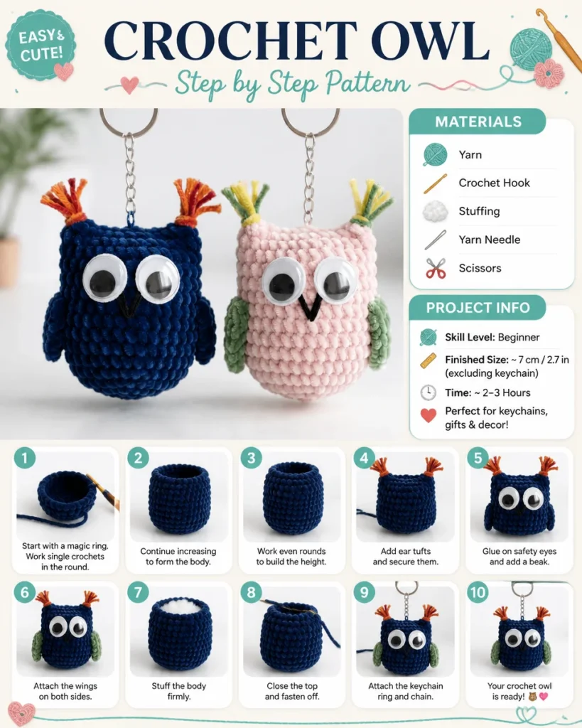 Adorable handmade crochet owl showcasing intricate patterns and colors.