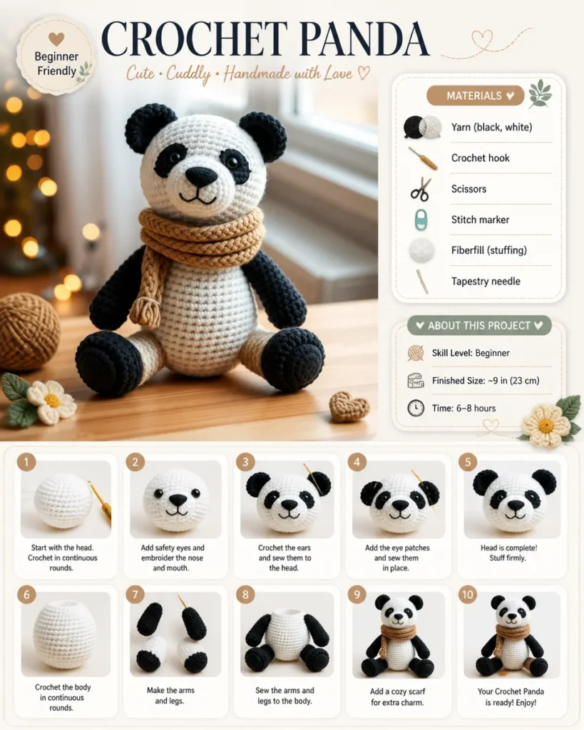 Cute crocheted panda toy made with soft yarn.