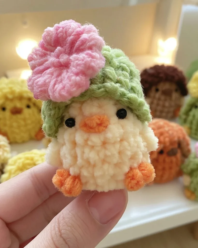 Crochet pattern of a chick wearing a flower crown