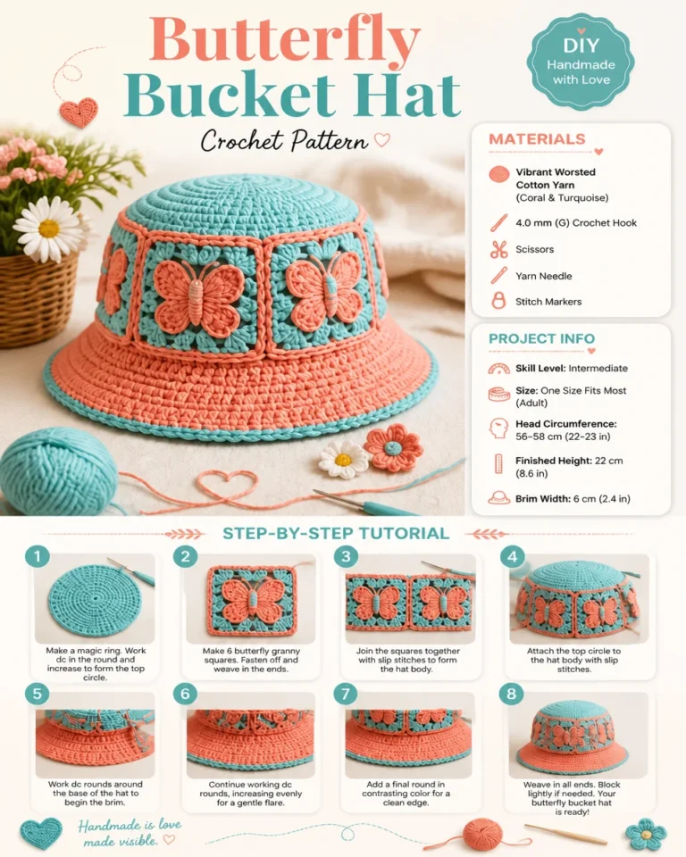 Crochet butterfly bucket hat pattern displayed with colorful yarn.