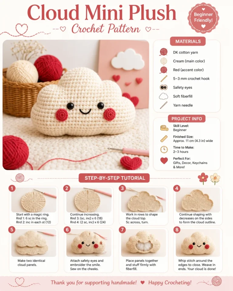 Crochet pattern for a mini cloud plush toy designed for beginners and enthusiasts