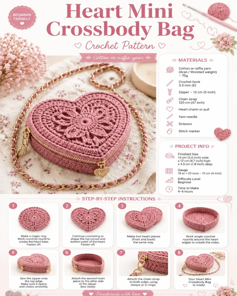 Crochet pattern for a cute mini heart crossbody bag