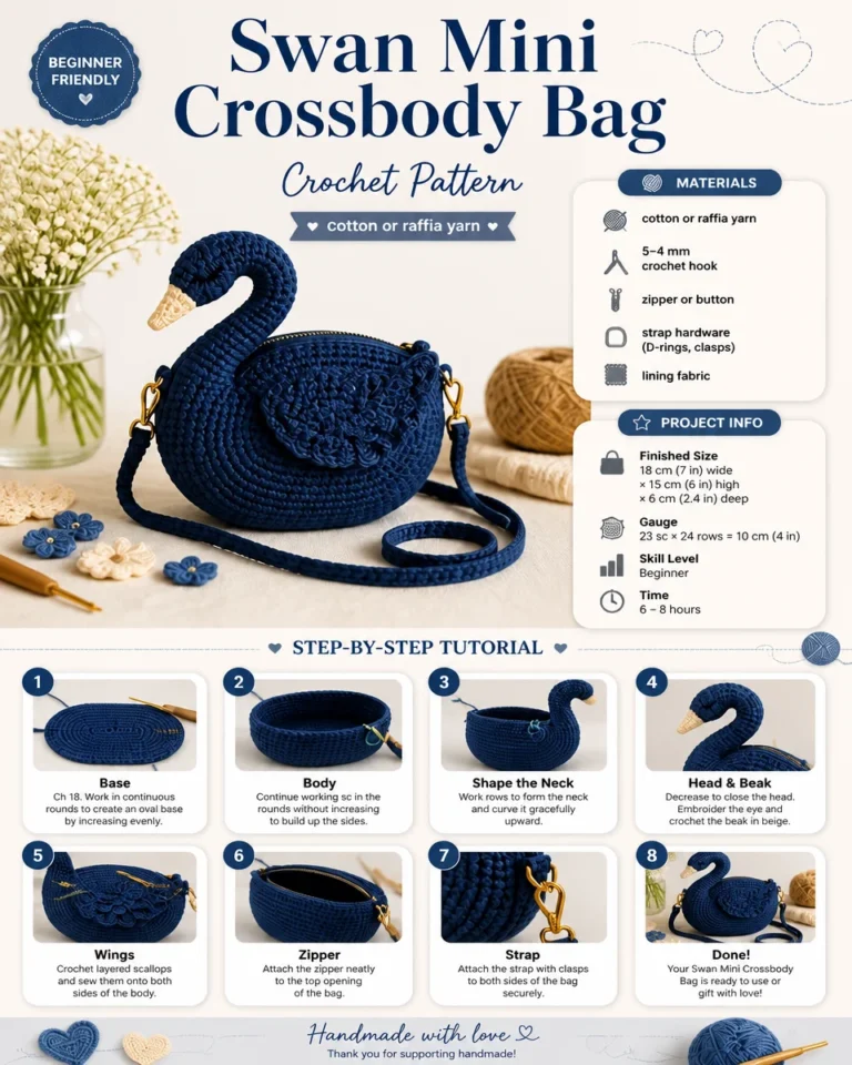 Crochet pattern for a mini swan crossbody bag design