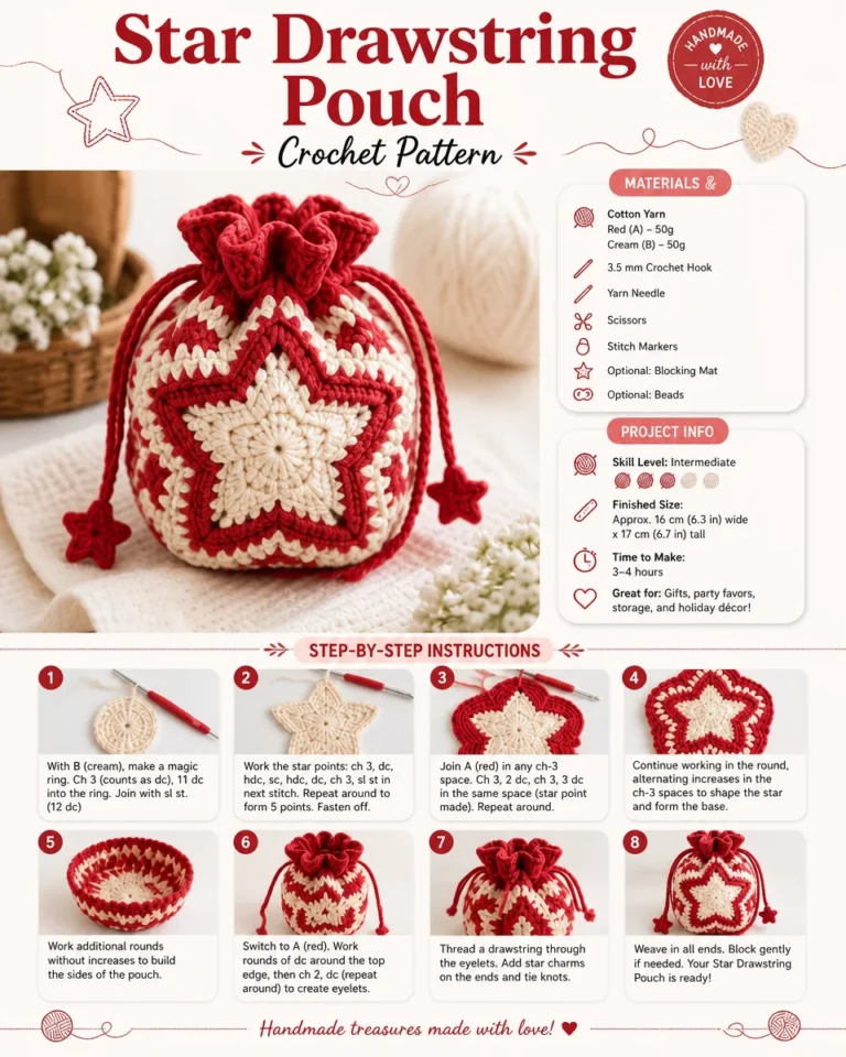 Crochet pattern for a handmade star-shaped drawstring pouch.