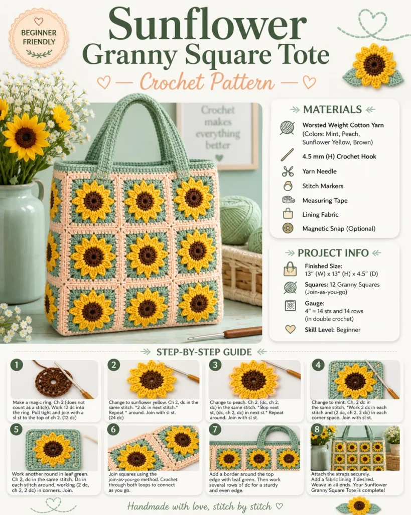Crochet sunflower granny-square tote pattern for colorful bag design.
