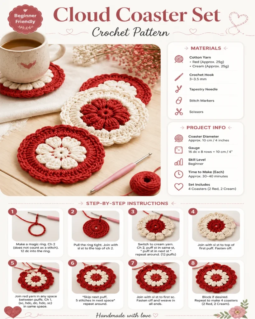 Crochet pattern for DIY cloud coaster set, ideal home decor project.