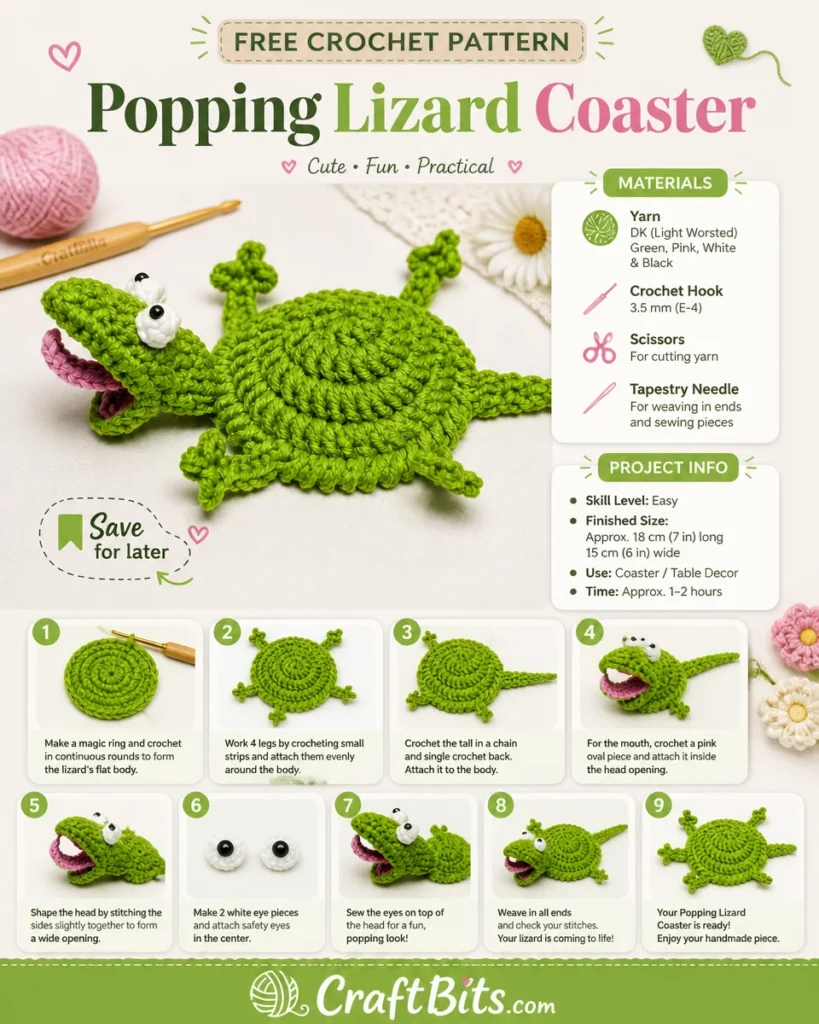 Free crochet pattern for a colorful Popping Lizard Coaster design