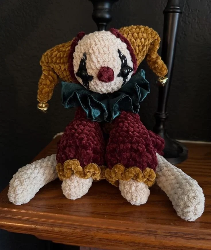 Crochet pattern of Jovie the Jester clown joker doll