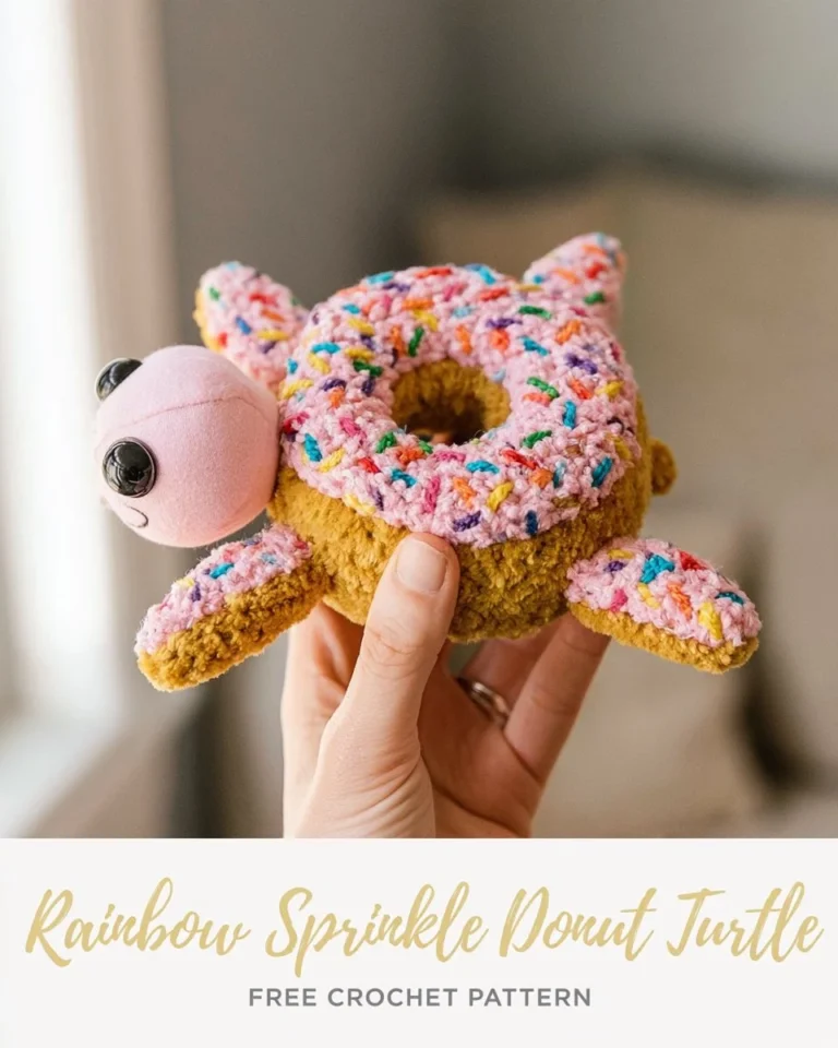 Crochet pattern of a colorful Rainbow Sprinkle Donut Turtle