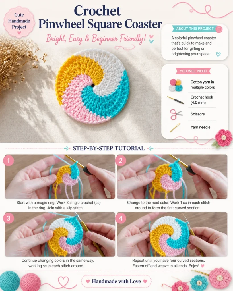 Crochet Pinwheel Square Coaster pattern in vibrant colors